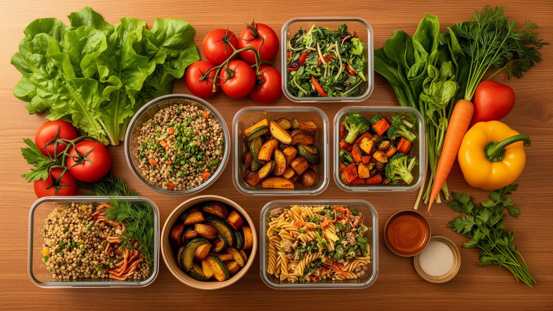 Fresh food on a wooden table — vegetables, fruits, bread, eggs and milk